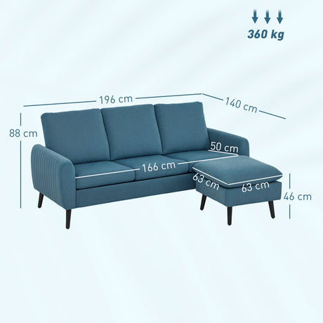 HOMCOM Corner Sofa with Reversible Chaise Lounge, Corduroy Fabric 3 Seater Sofa Settee for Living Room, L Shaped Couch with Scatter Back, Left/Right Hand, Blue