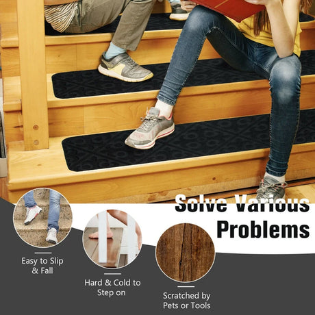 15 PCS Slip-resistant Stair Mats with Waterproof Material for Kids/Elderly/Pets-Black