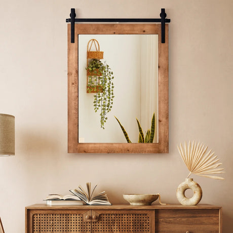 30 x 22 Inch Wall Mount Mirror with Wood Frame-Brown