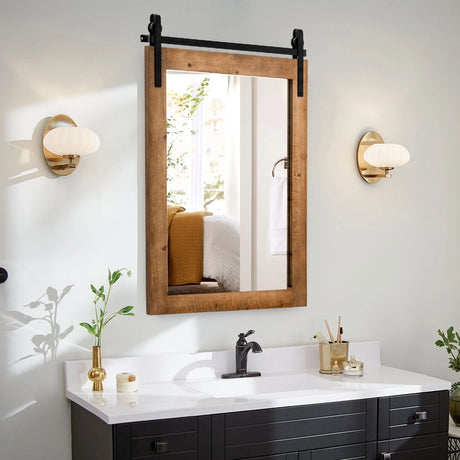 30 x 22 Inch Wall Mount Mirror with Wood Frame-Brown