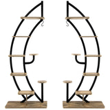 8-Tier Tall Wooden Curved Half-Moo Shape Plant Stand with Top Hook-Natural