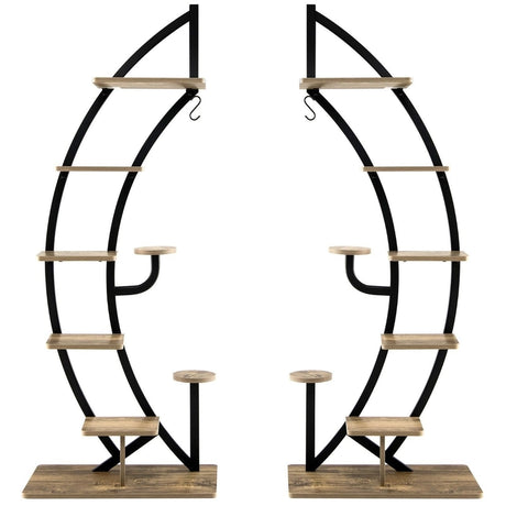 8-Tier Tall Wooden Curved Half-Moo Shape Plant Stand with Top Hook-Natural