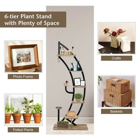 8-Tier Tall Wooden Curved Half-Moo Shape Plant Stand with Top Hook-Natural