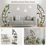 8-Tier Tall Wooden Curved Half-Moo Shape Plant Stand with Top Hook-Natural