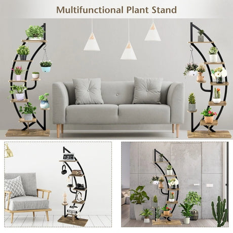 8-Tier Tall Wooden Curved Half-Moo Shape Plant Stand with Top Hook-Natural