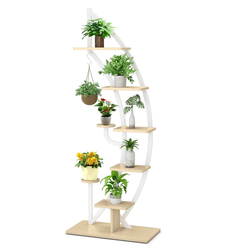 6-Tier 9 Potted Metal Plant Stand Holder Display Shelf with Hook-White