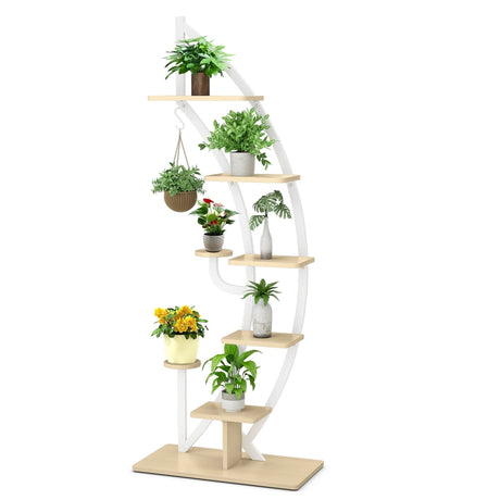 6-Tier 9 Potted Metal Plant Stand Holder Display Shelf with Hook-White