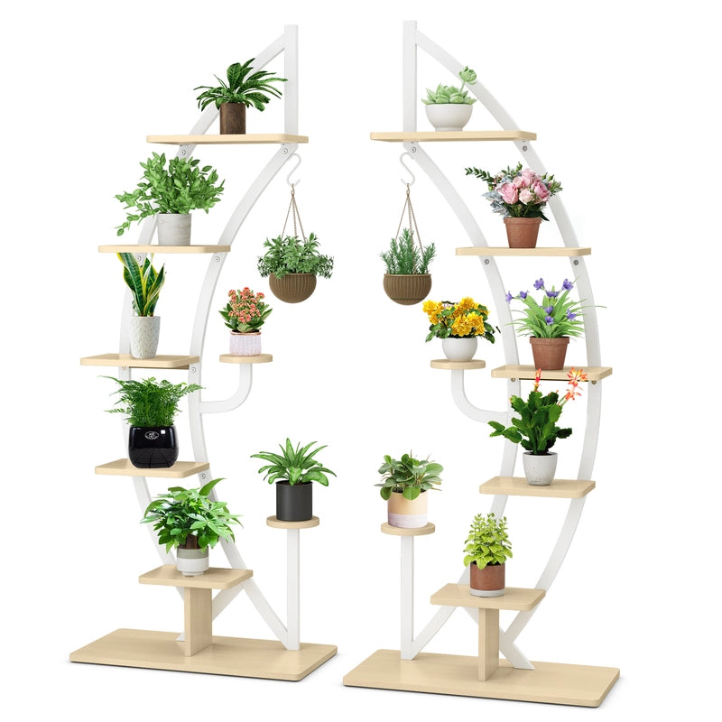 6-Tier 9 Potted Metal Plant Stand Holder Display Shelf with Hook-White