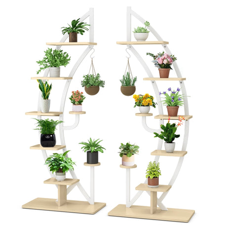 6-Tier 9 Potted Metal Plant Stand Holder Display Shelf with Hook-White