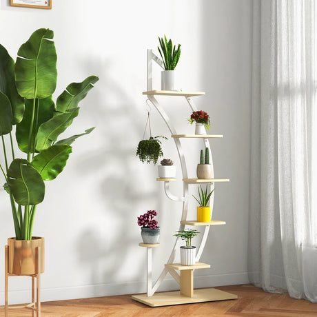 6-Tier 9 Potted Metal Plant Stand Holder Display Shelf with Hook-White
