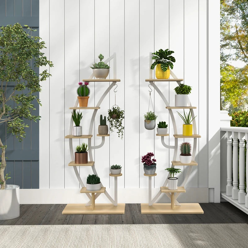 6-Tier 9 Potted Metal Plant Stand Holder Display Shelf with Hook-White