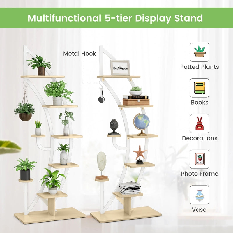 6-Tier 9 Potted Metal Plant Stand Holder Display Shelf with Hook-White