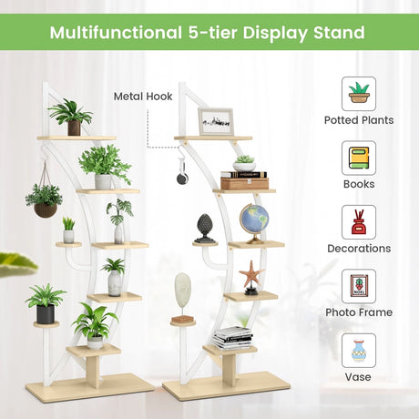 6-Tier 9 Potted Metal Plant Stand Holder Display Shelf with Hook-White
