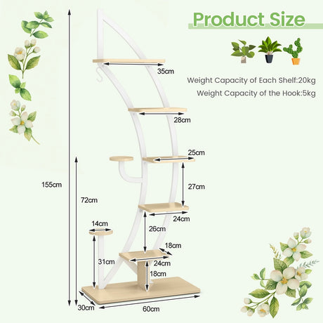 6-Tier 9 Potted Metal Plant Stand Holder Display Shelf with Hook-White