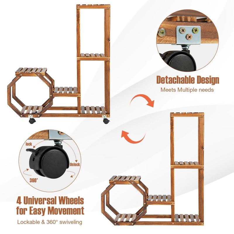 6-Tier Wooden Plant Stand with Wheels-Brown
