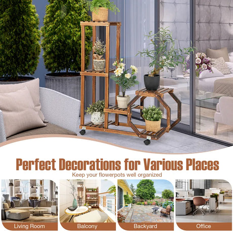 6-Tier Wooden Plant Stand with Wheels-Brown
