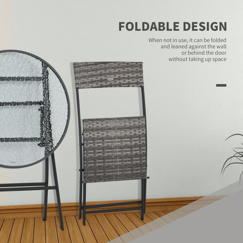 Outsunny 3 Pieces Rattan Bistro Set, Wicker Folding Garden Furniture Set with Glass Top Coffee Table and Chairs for Outdoor, Patio, Balcony, Grey
