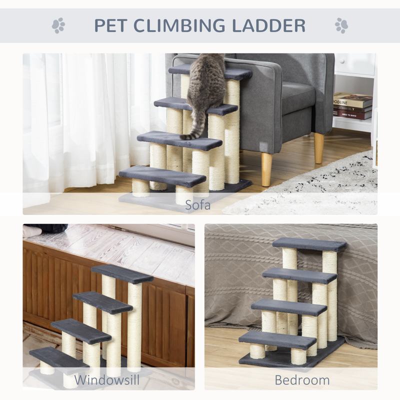 PawHut Dog Steps for Bed 4 Step Pet Stairs for Dog Cat ladder Scratch Post Grey