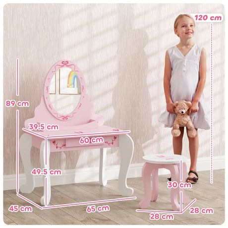 AIYAPLAY Kids Dressing Table Set, Vanity Table with Stool, Mirror, Drawer, Desktop, Storage, Ballet-Theme, Pink