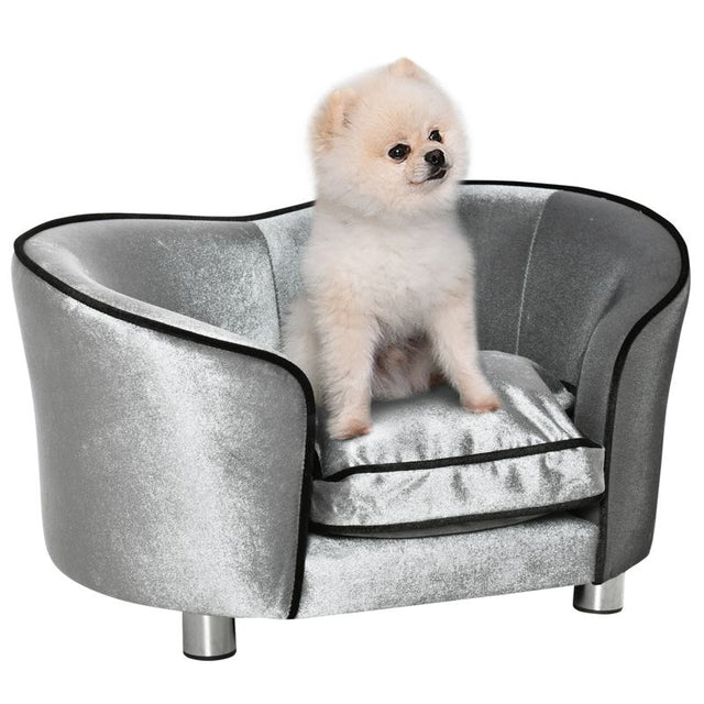 PawHut Dog Sofa Pet Chair, Kitten Bed Couch w/ Wooden Frame, Removable Cushion - Silver-Tone and Grey