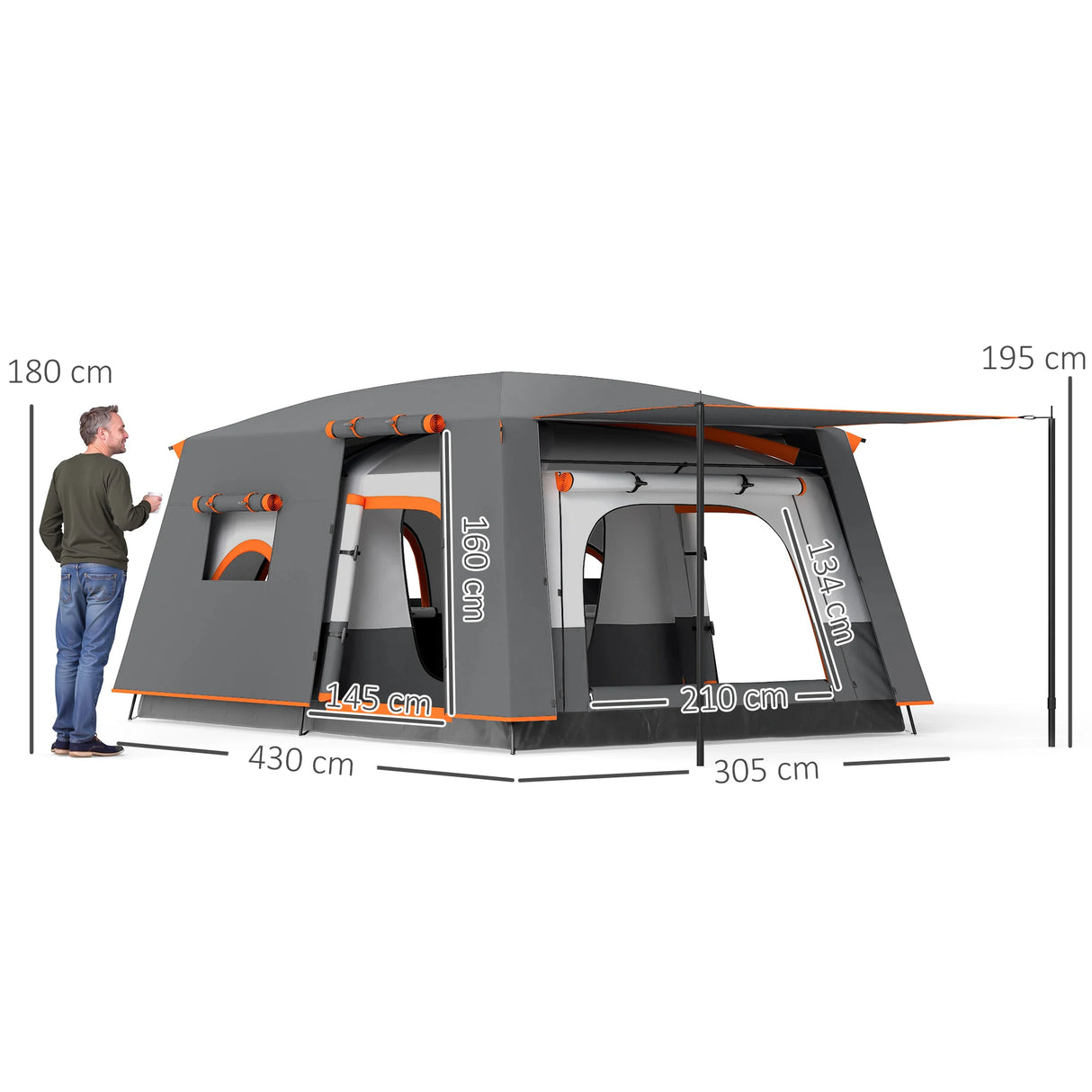 Outsunny 4-6 Man Camping Tent, Double Layer Tunnel Tent with Porch, Living Area and 2 Bedrooms, Sewn in Groundsheet, 3000mm Waterproof and UPF 30+, Portable with Bag, Grey