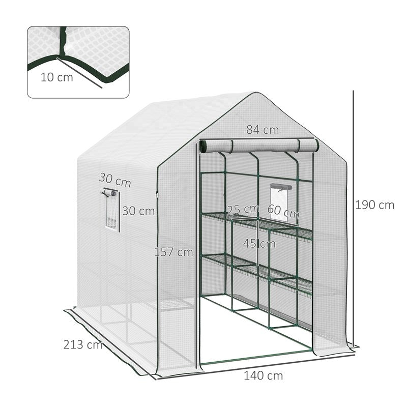 Outsunny Walk-in Greenhouse with 3 Tier Shelves, Outdoor Green House Garden Grow House with Reinforced PE Cover, Roll-up Door and Mesh Windows, 140 x 213 x 190cm, White