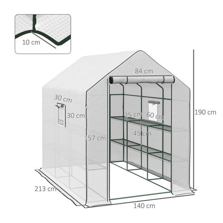 Outsunny Walk-in Greenhouse with 3 Tier Shelves, Outdoor Green House Garden Grow House with Reinforced PE Cover, Roll-up Door and Mesh Windows, 140 x 213 x 190cm, White