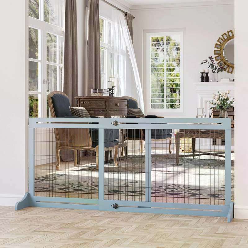 PawHut Freestanding Dog Gate, Foldable Pet Fence, Indoor Wood Barrier, Stair Gate with Support Feet, for Doorway, Hallway, Small and Medium Dogs, 69H x 104-183 cm, Blue-grey