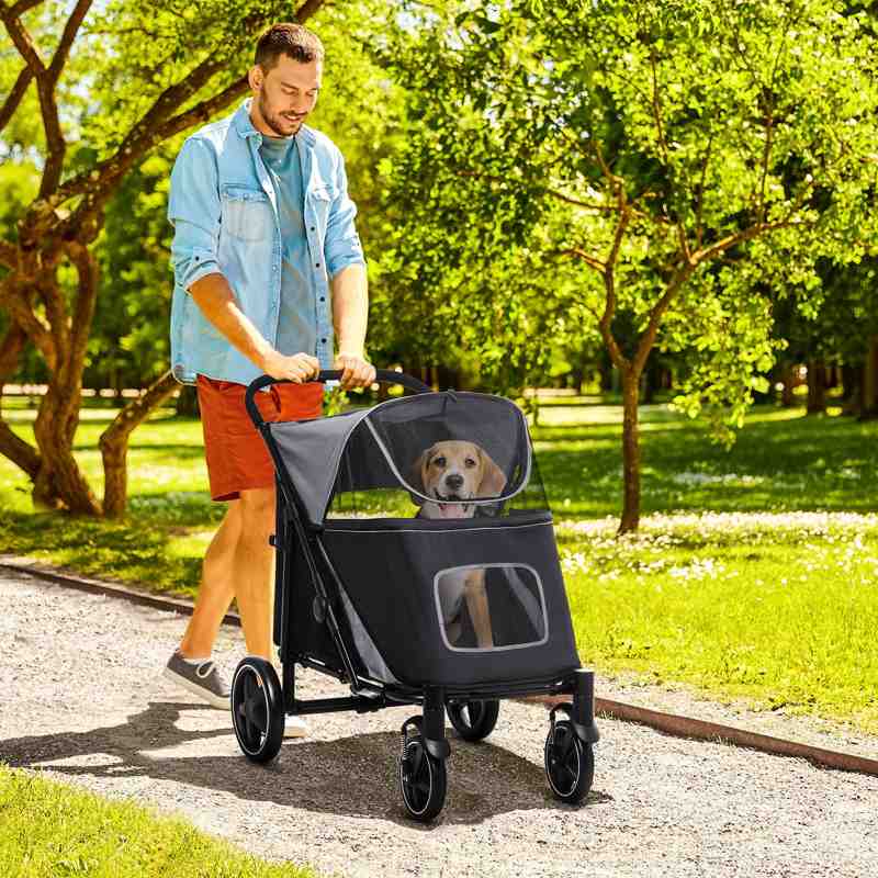 PawHut Foldable Pet Stroller, with Universal Wheels, Shock Absorber, for Medium and Large Dogs - Black