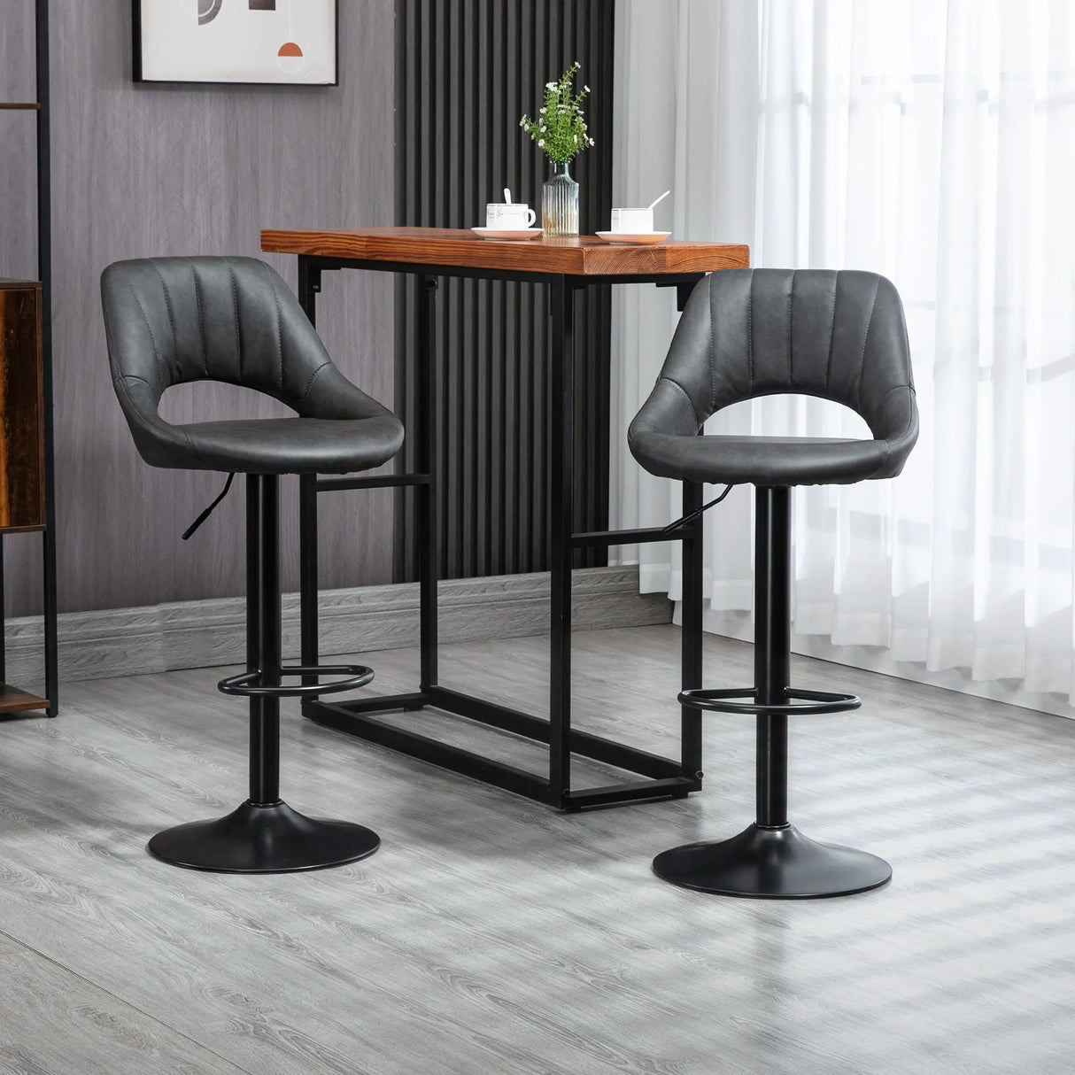 HOMCOM Bar Stools Set of 2, Swivel Counter Height Barstools with Back, Adjustable PU Leather Bar Chairs, Modern Armless Kitchen Island Stool, Dark Grey