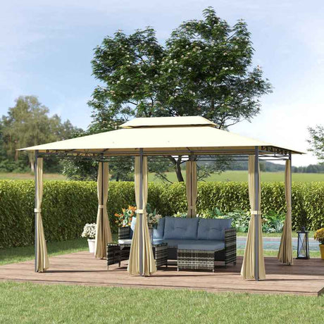 Outsunny 4m x 3(m)Garden Gazebo, Double Roof Outdoor Gazebo Canopy Shelter with Curtains, Solid Steel Frame for Lawn and Deck, Beige