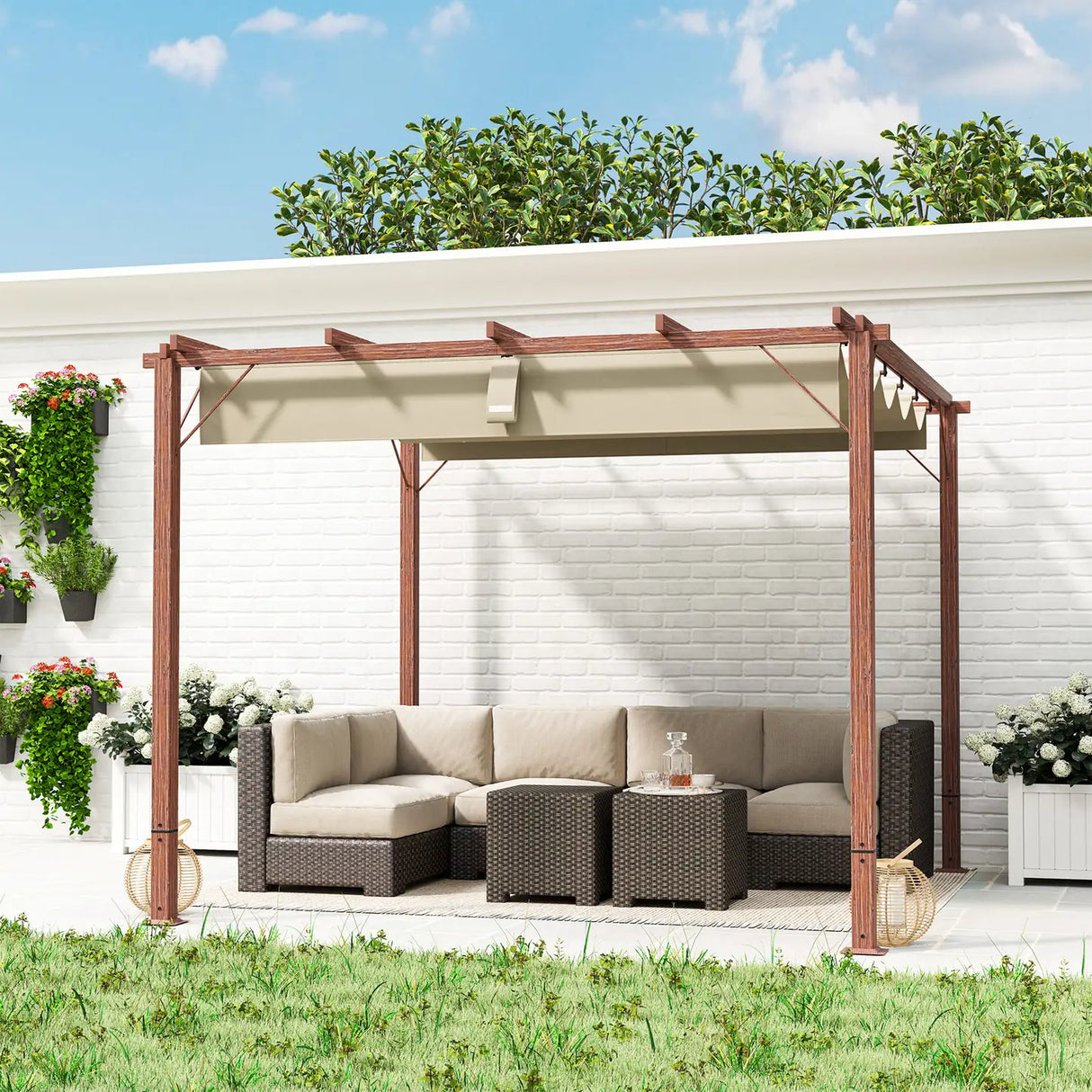 Outsunny 3 x 3 m Retractable Roof Pergola - Natural Wood Finish