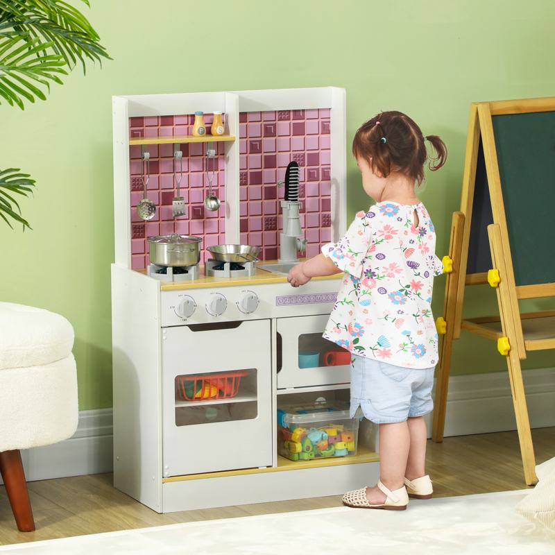 AIYAPLAY Kids Play Kitchen, Pretend Play Kitchen with Realistic Oven, Stove, Sink, Kitchen Accessories, White