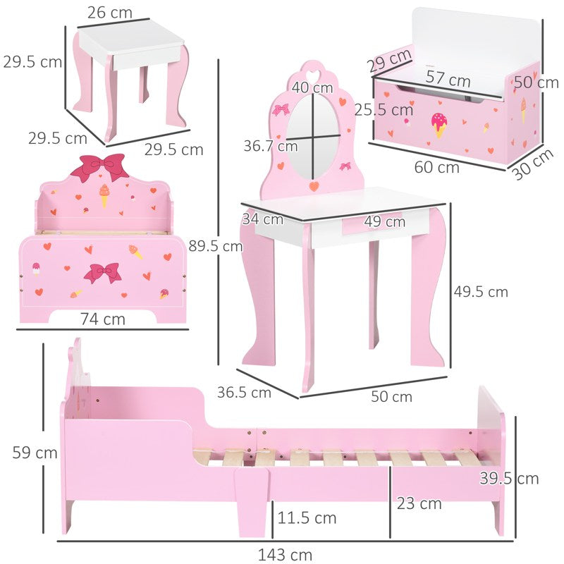 ZONEKIZ 4PCs Kids Bedroom Furniture Set with Bed, Toy Box Bench, Dressing Table and Stool, Princess Themed, for 3-6 Years Old, Pink