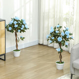 Outsunny Set of 2 Artificial Plants White Rose Floral in Pot, Fake Plants for Home Indoor Outdoor Decor, 90cm, Light Blue