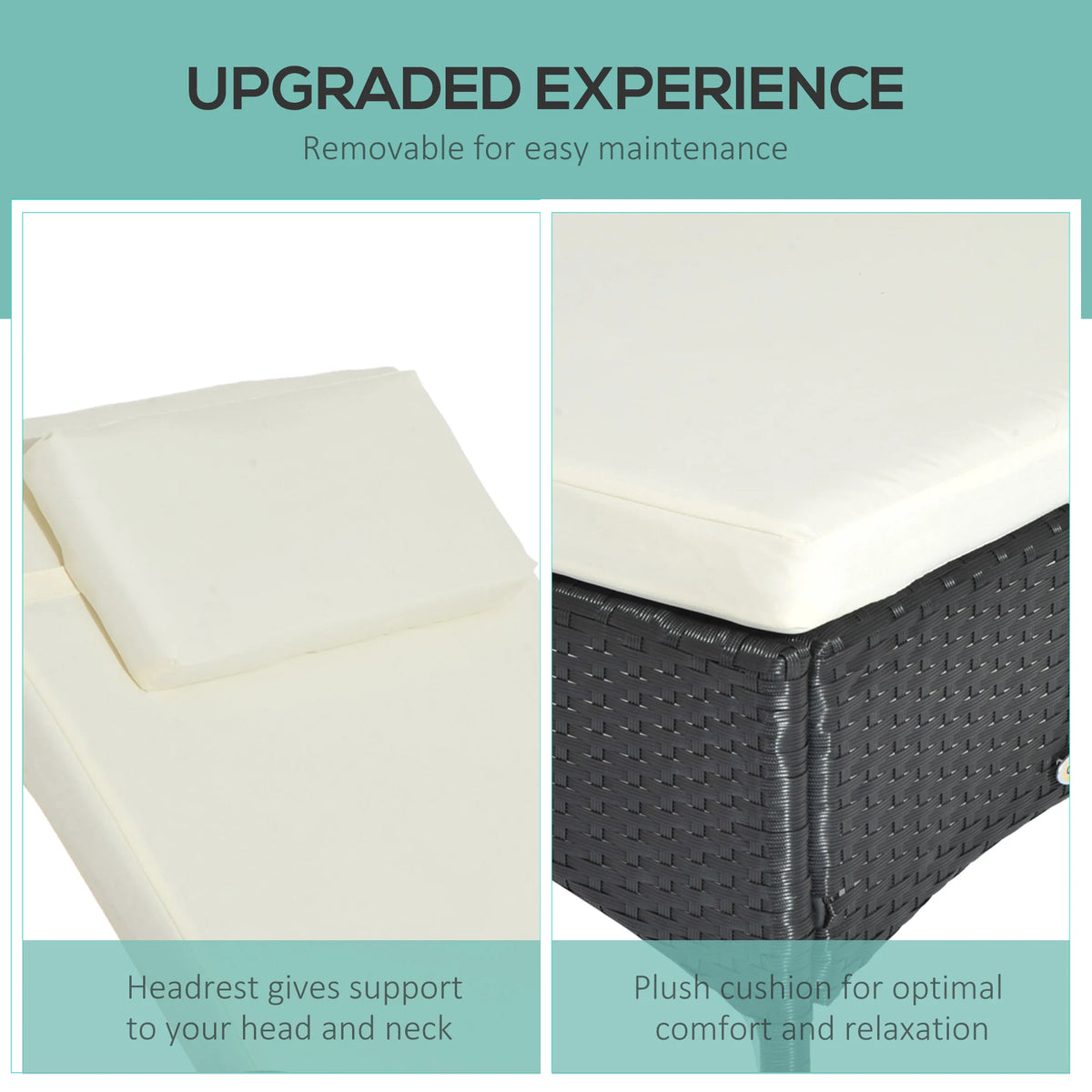 Outsunny Rattan Sun Lounger, Garden Lounger Recliner with Wheels and Adjustable Backrest, Outdoor Reclining Sunbed Garden Chair with Cushion and Headrest for Patio, Beach, Terrace, Black