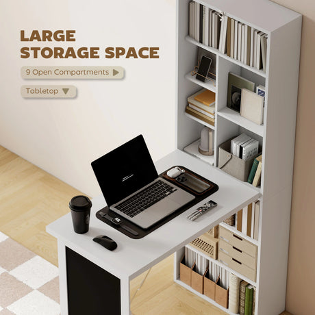 HOMCOM Wall Mounted Computer Desk, Folding Study Table with Black Board and Bookshelf, Multifunctional Floating Writing Desk for Home Office, White