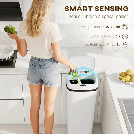 HOMCOM 50L Stainless Steel Sensor Bin - White