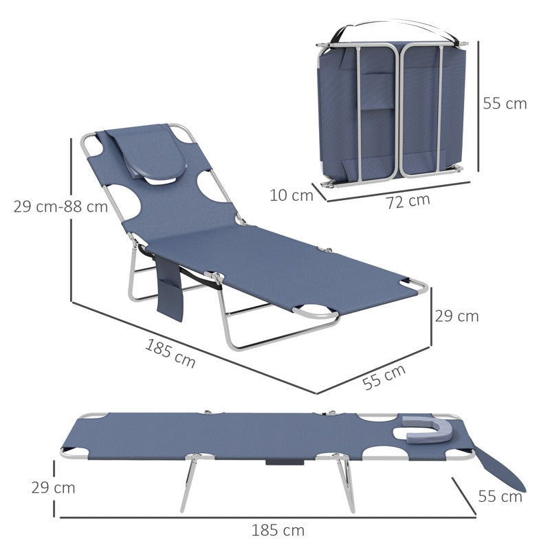 Outsunny Foldable Sun Lounger Set of 2 with Reading Hole, Portable Sun Lounger with 5 Level Adjustable Backrest, Reclining Lounge Chair with Side Pocket, Headrest Pillow, Grey