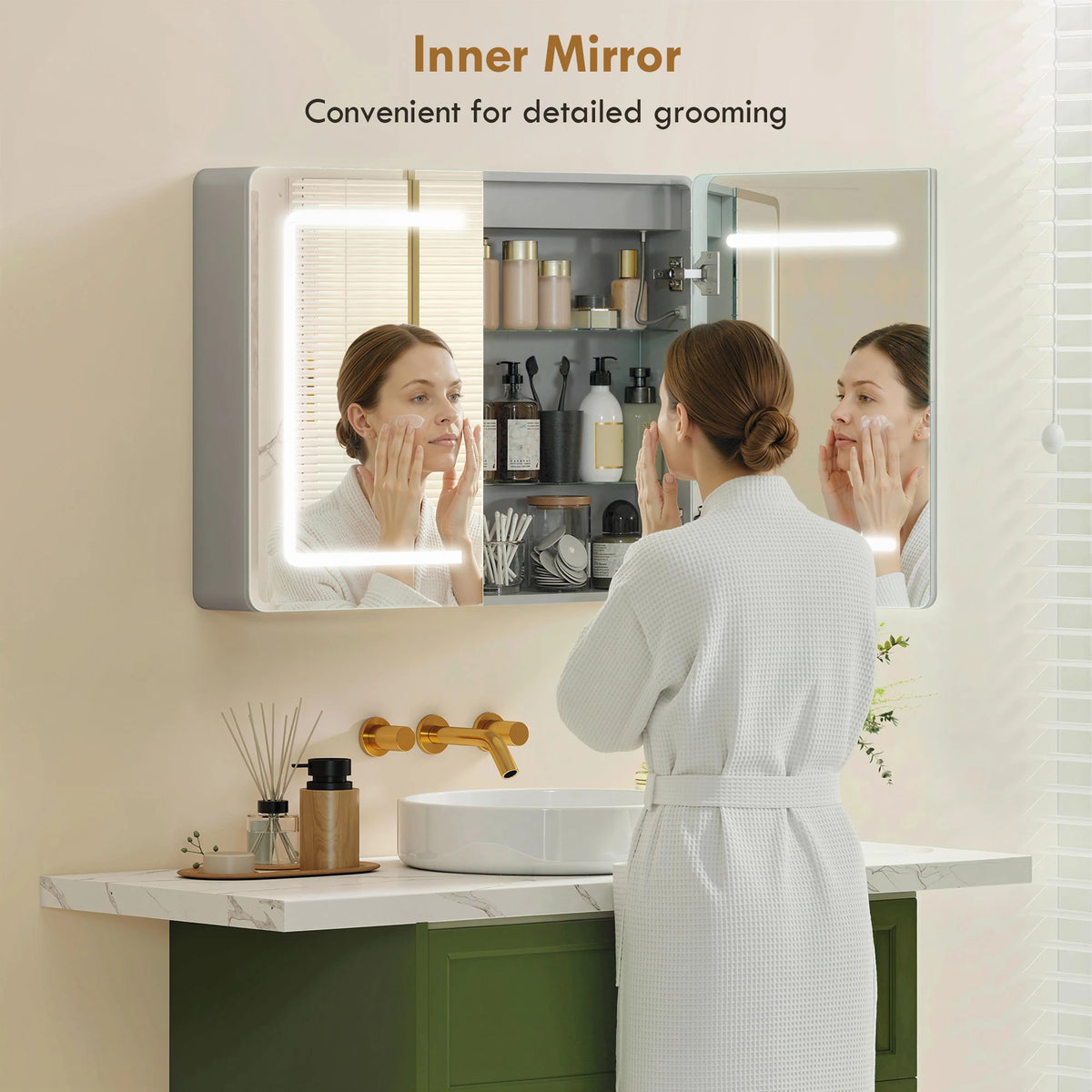 HOMCOM Mirrored Bathroom Cabinet with LED Lights, 60 x 80 cm Bathroom Mirror Cabinet with Anti-Fog, 3 Colour Dimmable Lighting