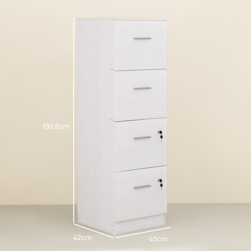 HOMCOM Four-Drawer Lockable Filing Cabinet - White Wood Effect