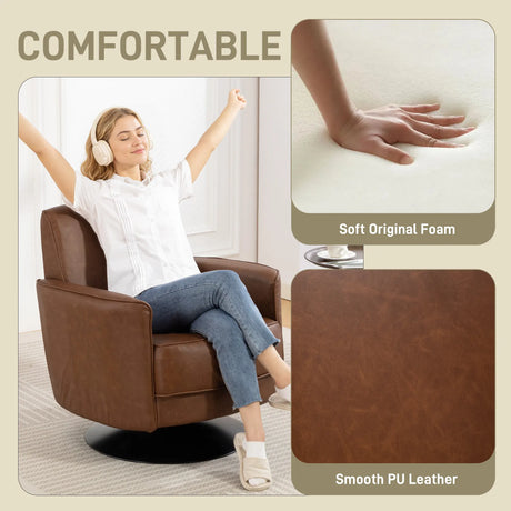 HOMCOM Upholstered Swivel Accent Chair with Thick Padding, Brown