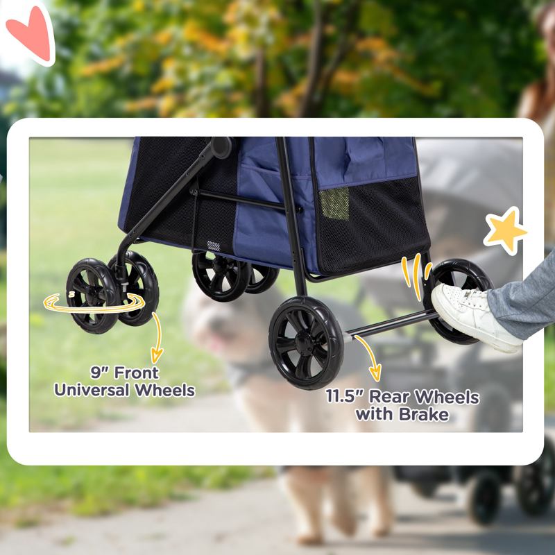 PawHut Dog Pram Dog Stroller 4 Wheels Pet Pushchair with Rolling Door, Cushion, Safety Leashes, for Small and Medium Dogs, Dark Blue