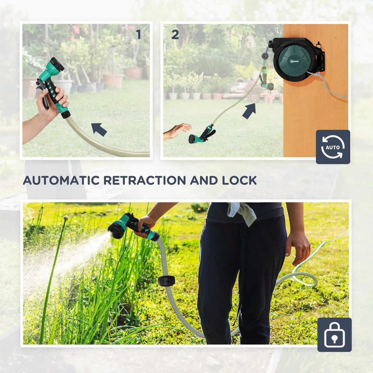 Outsunny Retractable Hose Reel Wall Mounted, 30+2m Garden Hose Pipe Reel with Lock, Auto Rewind, 7 in 1 Spray Nozzle, Includes Wall Fixings, 180 Swivel, Outdoor Watering, 59 x 23 x 42 cm, Green