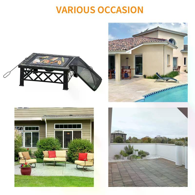 Outsunny Large Outdoor Fire Pit Table, 3 in 1 Square Wood Burning Firepit Metal Brazier, BBQ Grill, Ice Bucket w/ Grill Grate, Log Grate, Lid, Poker for Garden, Camping, Bonfire, 76 x 76 x 47cm, Black