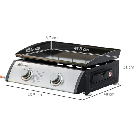 Outsunny Gas Plancha Barbecue Grill with 2 Stainless Steel Burner, 6kW, Portable Tabletop Gas BBQ with Non-Stick Griddle for Camping Picnic Garden Party Festival