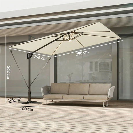 Outsunny 3 x 3 m Garden Cantilever Parasol w/ Light, Cover, UPF50+ Patio Umbrella w/ Wind Protection, 360 Rotation, Cream White