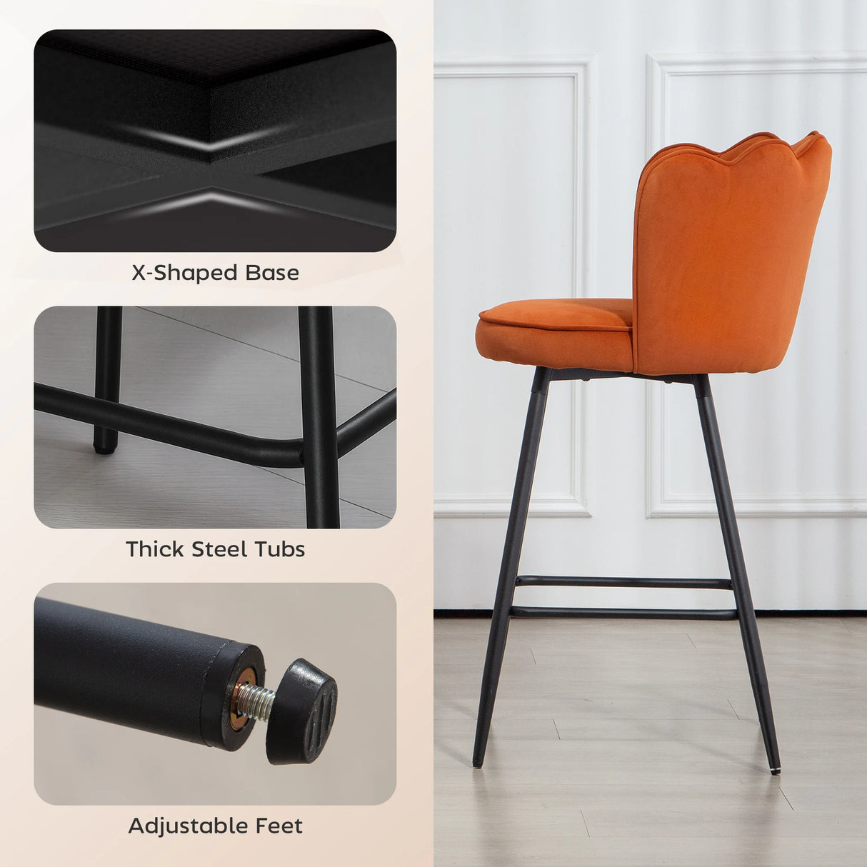 HOMCOM Set of Two Velvet-Feel Lotus Bar Stools - Orange