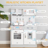 HOMCOM Kids Wooden Toy Kitchen Pretend Play Cooking Playset w/ Sound & Light Effect, Battery Operated Cooktop, Ice Machine, Marble Pattern Countertop, for 3-6 Years Old