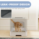 PawHut Foldable Cat Litter Box with Lid, Slide-Out Drawer, Scoop, Easy Clean, Odour Control, Anti-Splashing, Grey